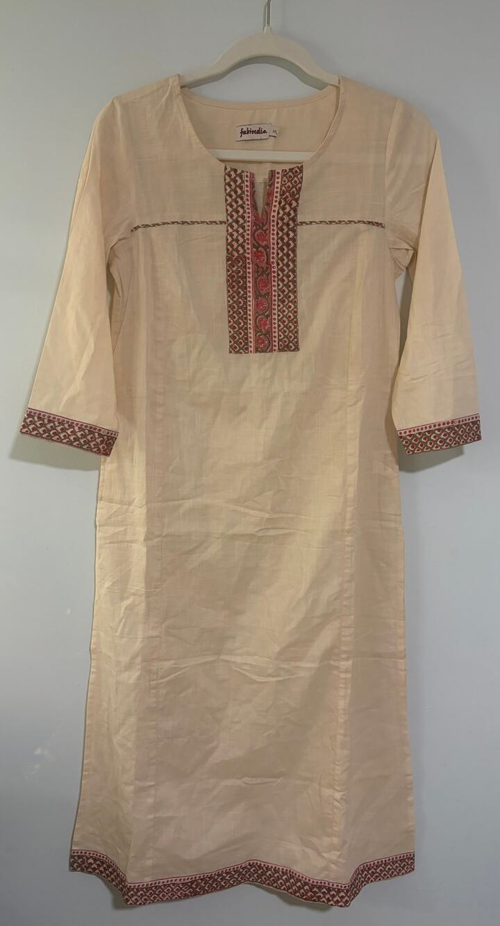 Fabindia Cream Block Print Cotton Kurta Dress XS Indian Boho Tunic